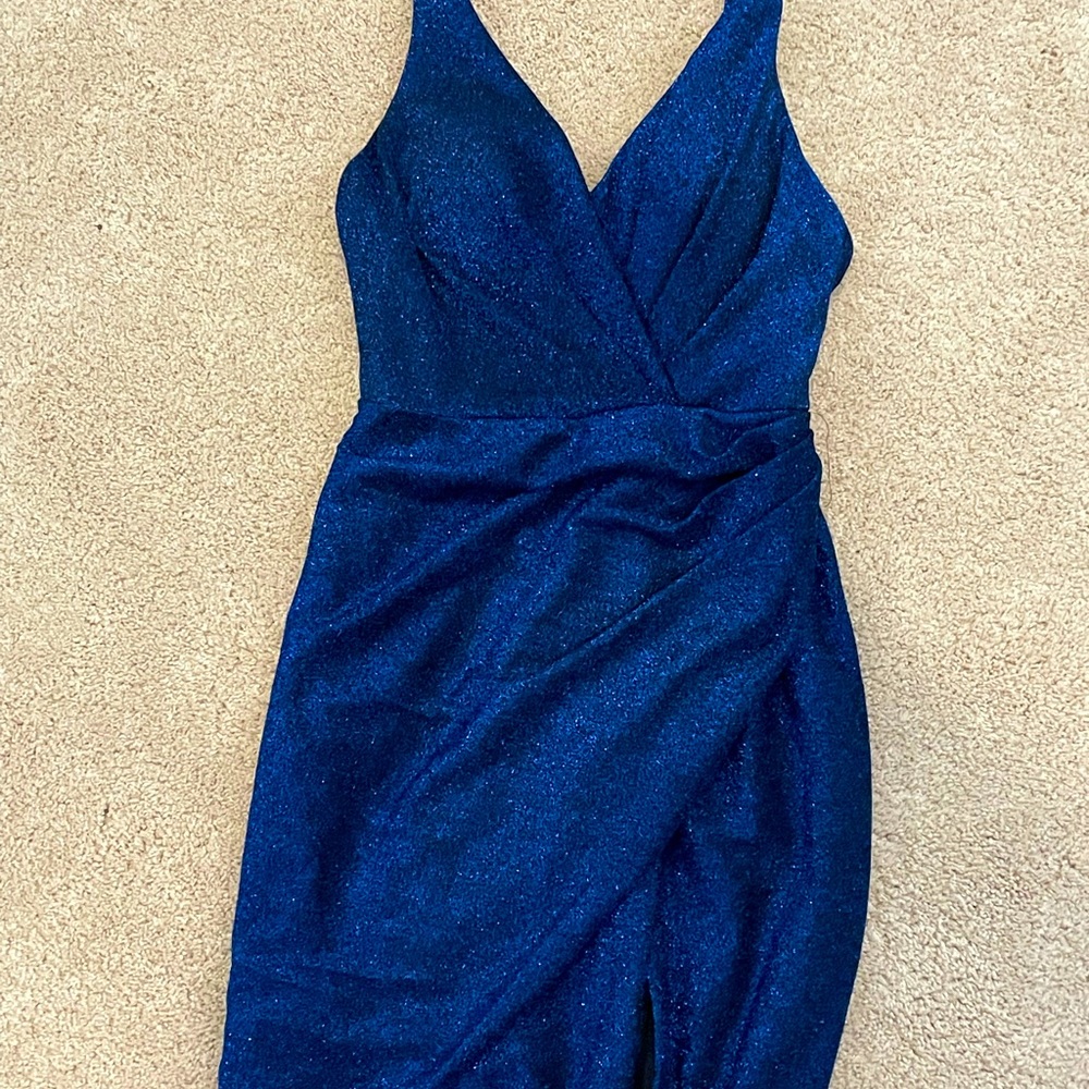 Stunning Blue Glittery Deep V-Neck Prom Dress